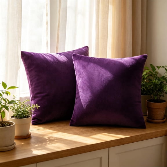 Nmkwnr 2 Pack Decorative Throw Pillow Covers Solid Color Square Velvet Cushion Cases for Sofa Couch Bed, 18" x 18", Dark Purple