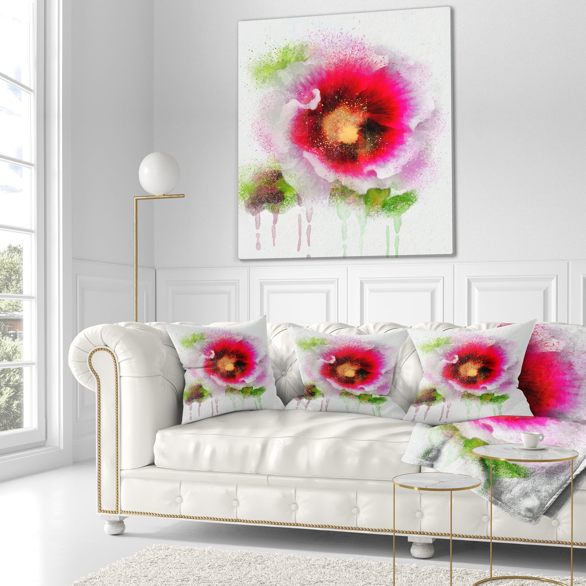 Designart Poppy with Green Watercolor Splashes - Floral Throw Pillow - 18x18