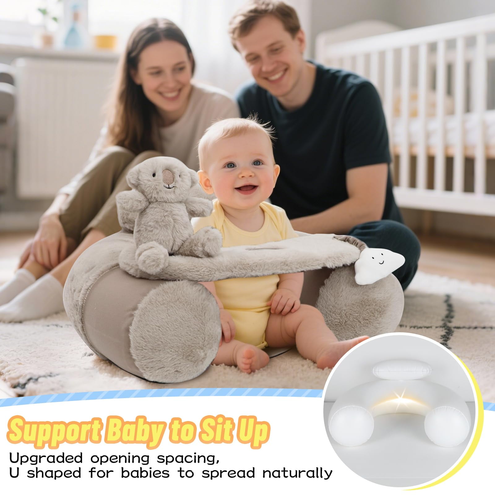 Baby Sit Me Up Seat, Inflatable Baby Seat with Cover for Babies 3-36 Months,Portable,Inflatable Sit & Play Floor Seats for Sitting Up (Gray)
