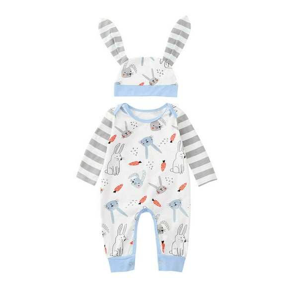Newborn Onesies Girl Baby Infant Spring Summer Rabbit Carrot Print Striped Cotton Bodysuit + Matching Hat 2 Piece Set Combinaison Bebe Blue 12 Months-18 Months