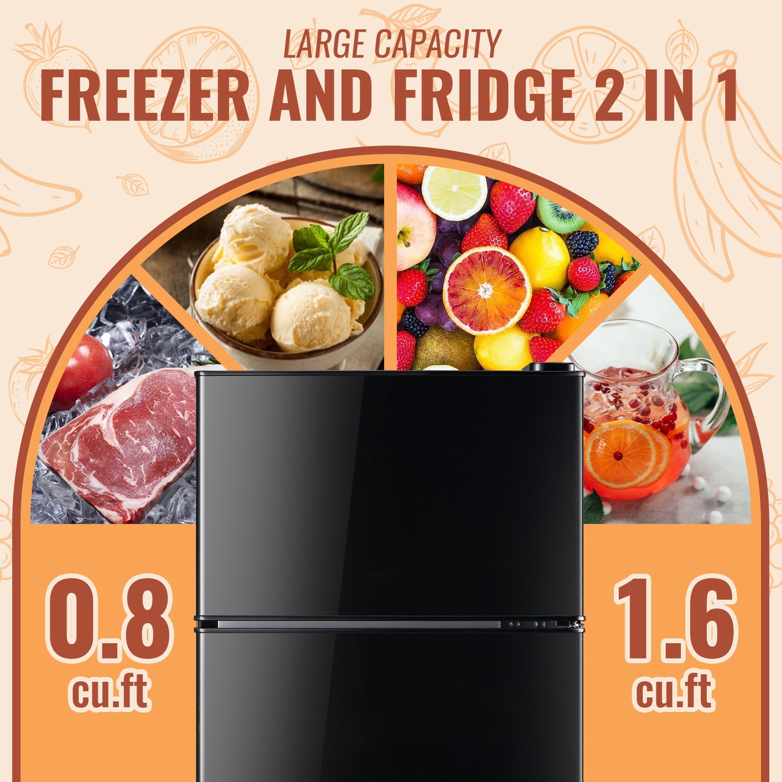 2.4 Cu.Ft Mini Fridge Small Refrigerator with Freezer 2 Removable Plastic Shelves Two Door Black New