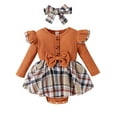 thumbnail image 2 of Musuos Baby Girls Autumn Romper Dress 3 6 12 18M Long Sleeve Ruffle Plaid Patchwork Romper with Headband, 2 of 10