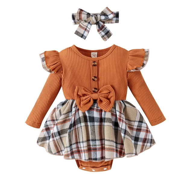 SUNSIOM Baby Girls Autumn Romper Dress Long Sleeve Ruffle Plaid Patchwork Romper with Headband