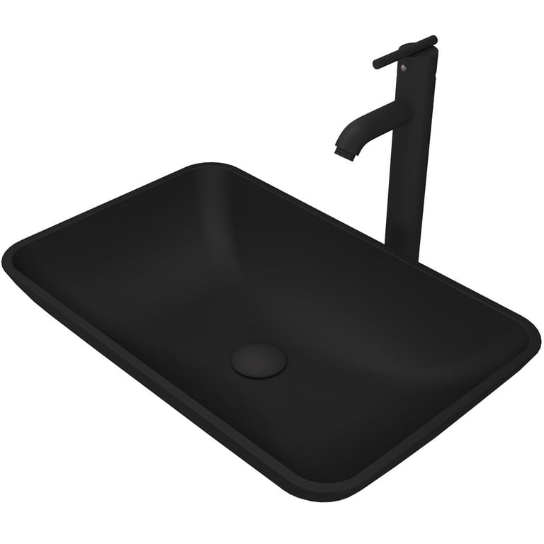 Hadyn Glass Vessel Bathroom Sink in Black with Seville Faucet in Matte Black Hadyn Glass Vessel Bathroom Sink in Black with Seville Faucet in Matte Black