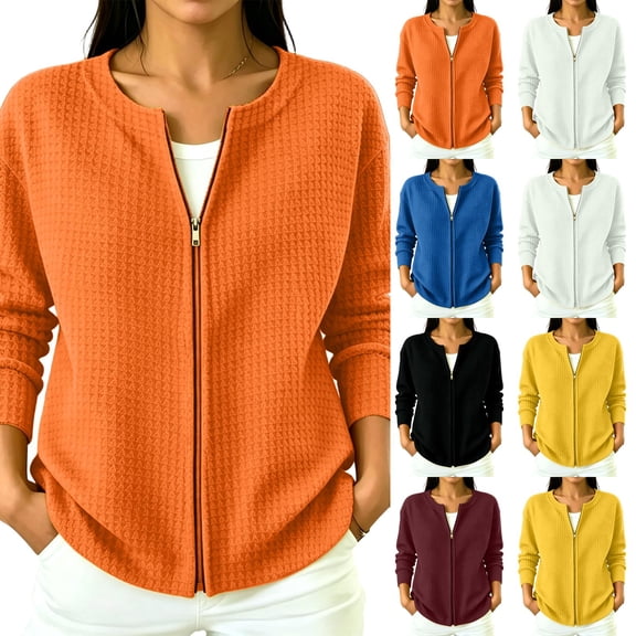 Waffle Knit Full Zip Jacket for Women Long Sleeve Loose Fit Front Pockets Knit Outerwear Casual Lightweight Jacket Spring Fall