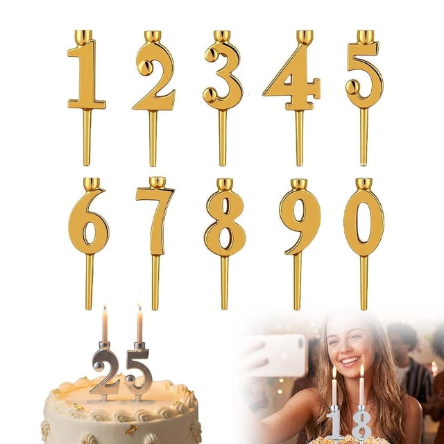 Linnome Reusable Number Birthday Candle Set 0-9, Gold Cake Topper Adjustable Stand for Party