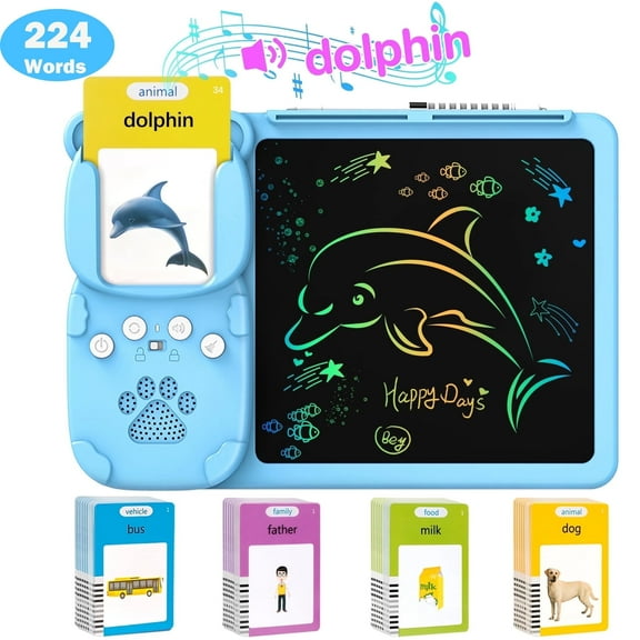 Babyltrl 224 Words Talking Flash Card with LCD Writing Tablet,2 in 1 Preschool Reading & Writing Educational Learning Toy,Drawing Board Toys for 2-6 Year Olds Kids Girls Boys,Blue