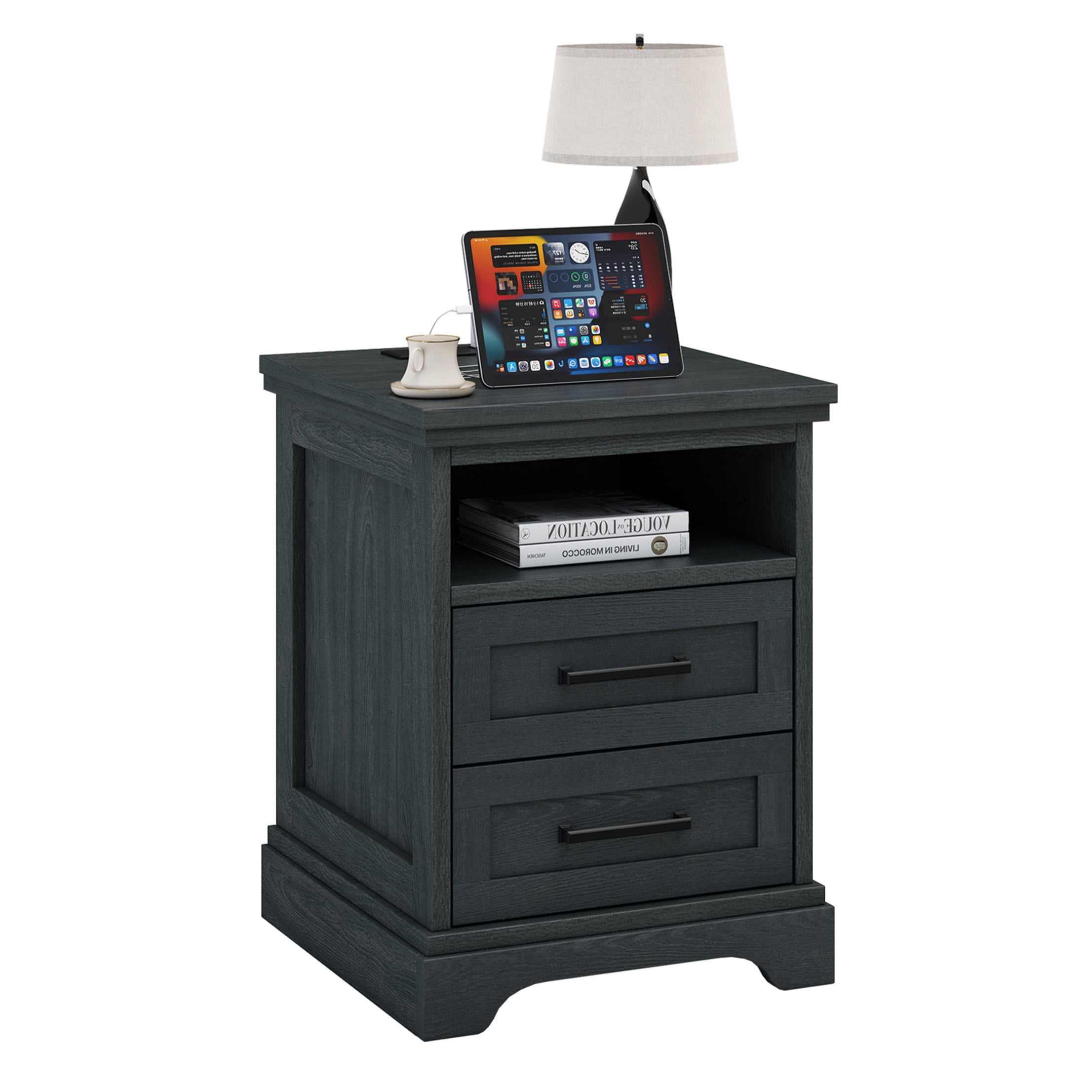 EDX 2 Drawers 24" Wood Nightstand with Drawers and Charging Station, Bedside Table for Bedroom or Living Room, Black
