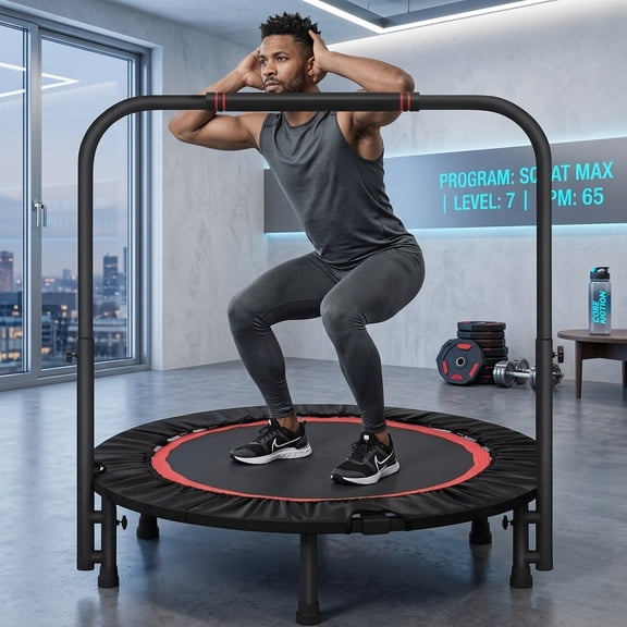 Fenbeli Mini Fitness Trampoline with Adjustable Handrail 24 Springs Foldable Rebounder Trainer 330 lb Capacity for Kids Adults Indoor Exercise, Black and Red