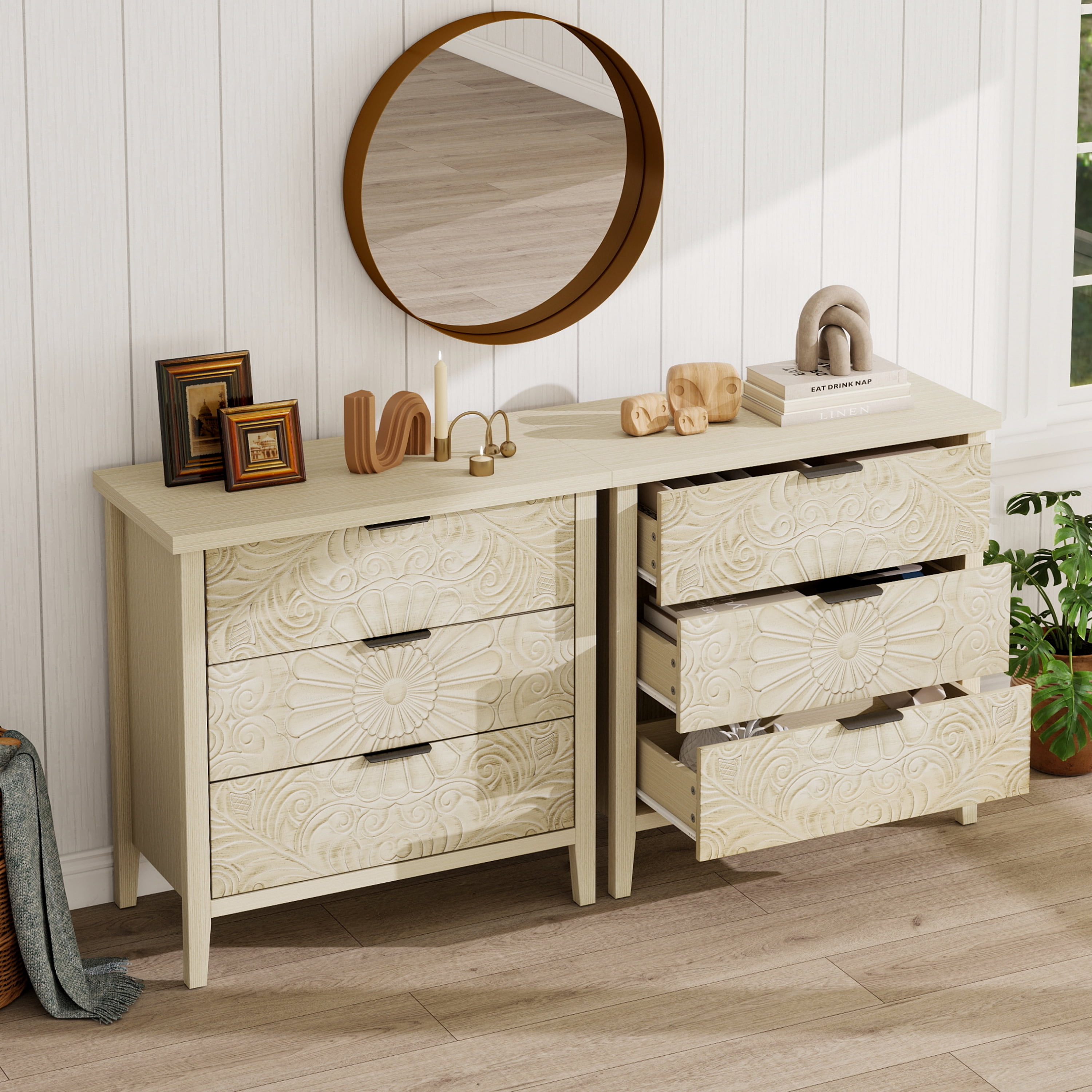 BSHTI 3-Drawer Farmhouse Cabinet – Rustic Storage Chest with Smooth-Gliding Drawers, Anti-Tip Safety, for Bedroom, Living Room, Study, Brown