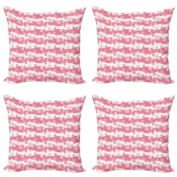 Retro Throw Pillow Cushion Case Pack of 4, Monochrome Repeating Spirals Swirls Ornament on a Wavy Stripes Background, Modern Accent Double-Sided Print, 4 Sizes, Off White and Pink, by Ambesonne