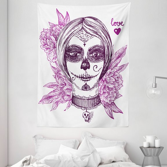 Day Of The Dead Decor Tapestry, Gothic Vampire like Dead Face Skull with Flowers Image, Wall Hanging for Bedroom Living Room Dorm Decor, 60W X 80L Inches, Violet Purple and White, by Ambesonne