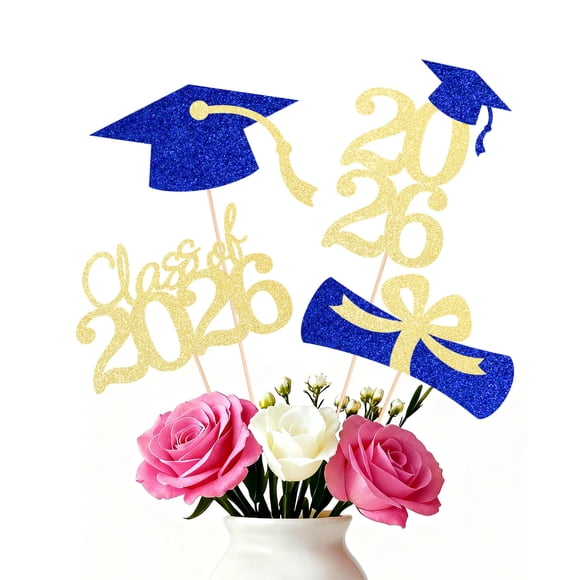 Topers para pastel SakFestivo 16 piezas Graduación azul y dorado