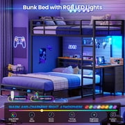 Twin Over Full Bunk Bed with Led Lights and 4 Drawers,L-shaped Bunk Bed with Desk,Metal Bunk Beds with Storage Headboard and Charging Station,Loft Bed with Safety Guardrail and Ladder,Black