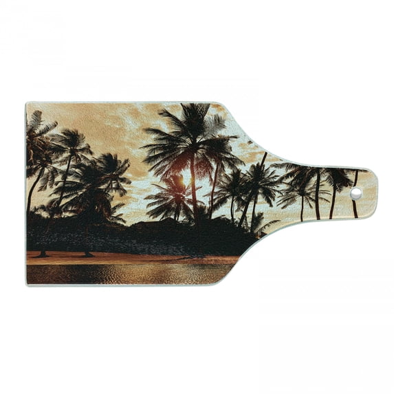 Beach Cutting Board, Tropic Ocean Sea Love Bora Bora Island Palms Art Scenery View in Sunset Colors, Tempered Glass Cutting and Serving Board, Wine Bottle Shape, Orange and Brown, by Ambesonne