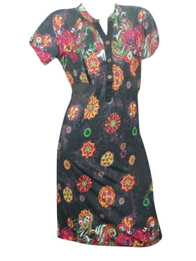 Mogul Women Black Floral Print Long Tunic Dress