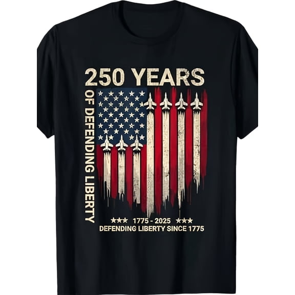 Retro 250 Years of Defending Liberty American Flag T-Shirt Patriotic USA Military Fighter Jet Graphic Tee Vintage 1775-2025 Independence Day Apparel for Men Women