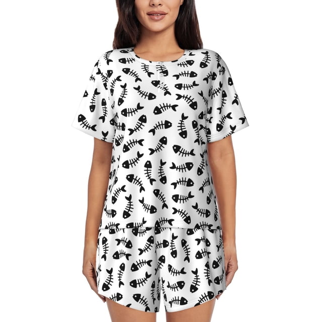 Fotbe Fish Bone Conjunto de Pijama Estampado para Mujer, 2 Piezas, Ropa de Dormir con Camiseta de Manga Corta y Shorts Suaves-XX-Large