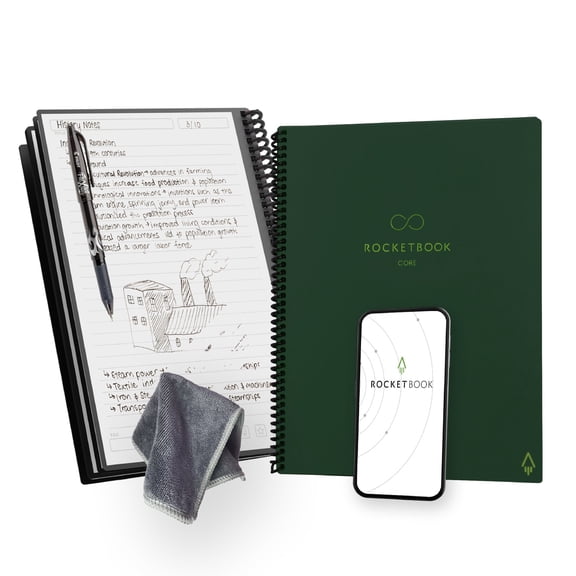 Rocketbook Core Reusable Smart Notebook, Letter 8.5" x 11", Green, Lined Pages, Cloud Connected Erasable Spiral Notebook