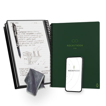 Rocketbook Core Reusable Smart Notebook, Letter 8.5" x 11", Green, Lined Pages, Cloud Connected Erasable Spiral Notebook