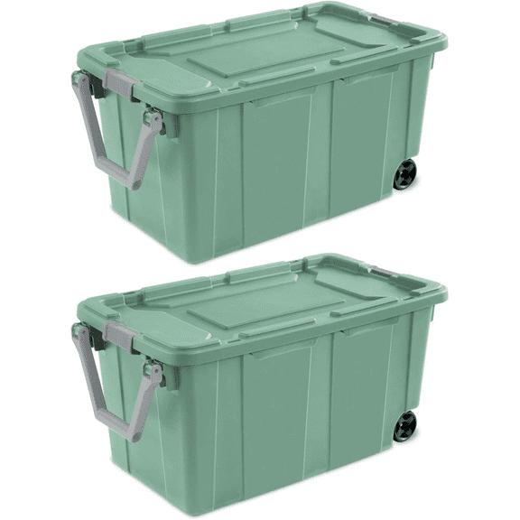 40 Gallon Durable Plastic Storage Tote with Latching Lid and Pull Handle, Green, 2 Pack