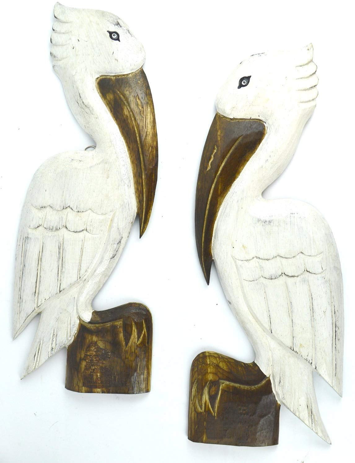 2 HAND CARVED SET OF WHITE WOOD PELICANS WALL ART HANG ON WOOD PILING