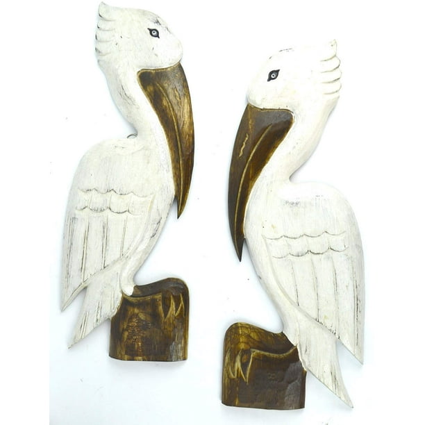 2 HAND CARVED SET OF WHITE WOOD PELICANS WALL ART HANG ON WOOD PILING