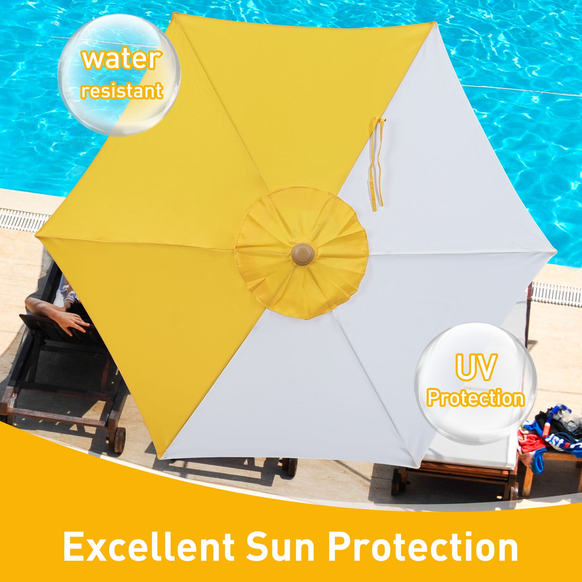 Autlaycil 7.5ft Yellow and White Patio Umbrella with Button Tilt UV Protection for Beach, Pool, Garden, Yard