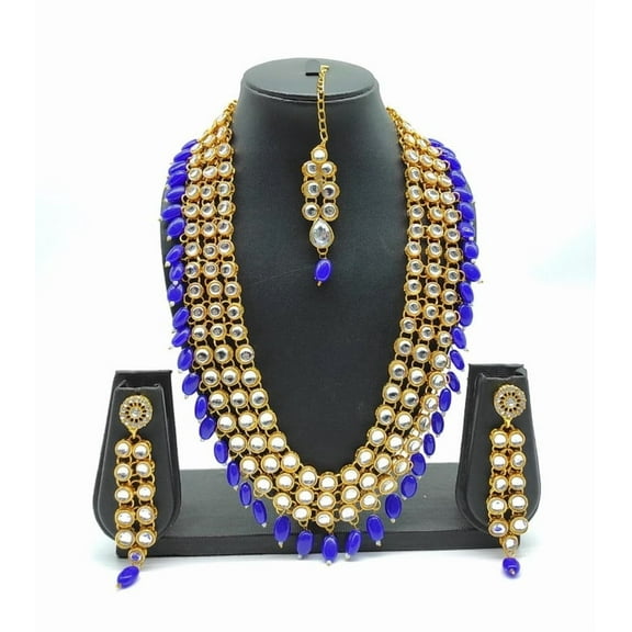 Royal Blue Kundan Bridal Jewelry Set – Layered Necklace, Earrings & Maang Tikka