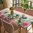 thumbnail image 3 of Spring Pink Roses Table Cloths for 6 Foot Rectangle Tables, Pastoral Eucalyptus Leaves Rustic Burlap Patio Waterproof Elastic Fitted Tablecloths, Washable Rectangular Table Cover for Camping, 3 of 8