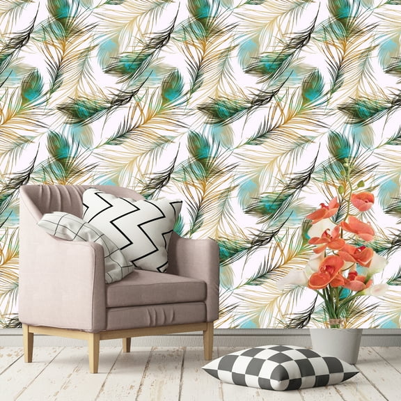 MuralsPrint Harries Peacock Feathers Wallpaper, Peel and Stick Wallpaper, 10' L x 24'' W, Removable Wallpaper