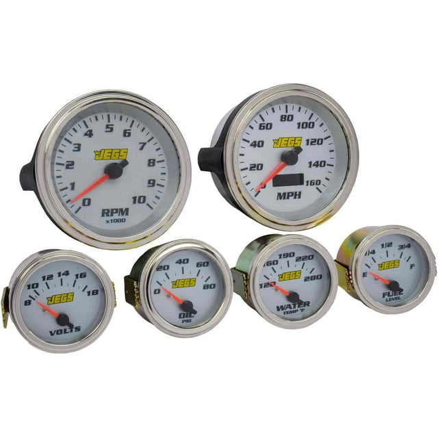 JEGS 41294 6Gauge Set Electrical Silver Analog Face Black Numbers Red