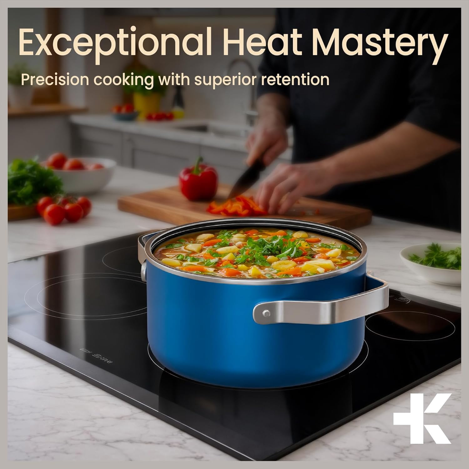 Bakken 3 Quart Ceramic Coated Stock Pot with Glass Lid, Nonstick, Oven Safe to 500°F, Stainless Steel Handles, All Stove Compatible, Blue
