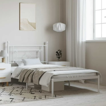 vidaXL Twin XL Metal Bed Frame with Headboard, Under Bed Storage, Noise Free, White, No Mattress