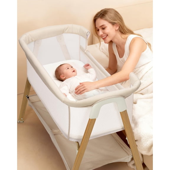 Baby Bassinet, Bedside Bassinet for Baby, Bassinet Bedside Sleeper with Mattress, Storage Basket and 4 Auto-Lock Wheels, Full-Mesh Sides, Bedside Crib for Newborn,Khaki