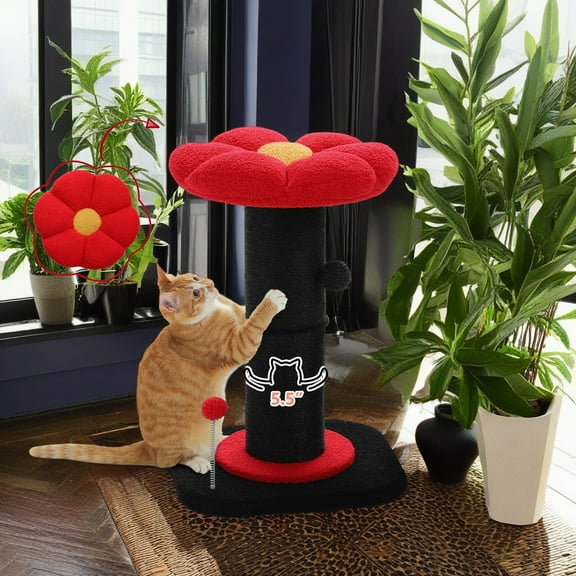 Pefilos 23" Cat Scratching Post, Small Cat Scratcher Tree for Indoor Cats with Removable Flower Cat Bed, Cat Tree Tower with Spring Ball, Red