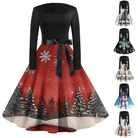 Christmas Dresses for Women Women's Casual Fashion Printed Retro Square Neck Long Sleeve Dress with AI Christmas Print for Holiday Party,Black,L