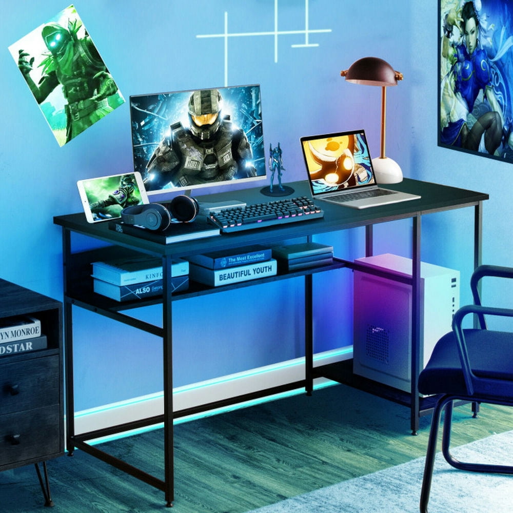 Demi Bonn 55" Computer Desk with Power Outlets and USB Ports for Home and Office Study Writing Table, Black