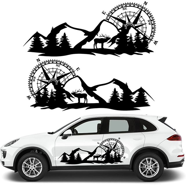Cool Car Stickers for Men, Compass Mountain Big Car Decals, Vinyl Stickers for Car Side Body Door, Large RV Graphic Decals Tree Deer