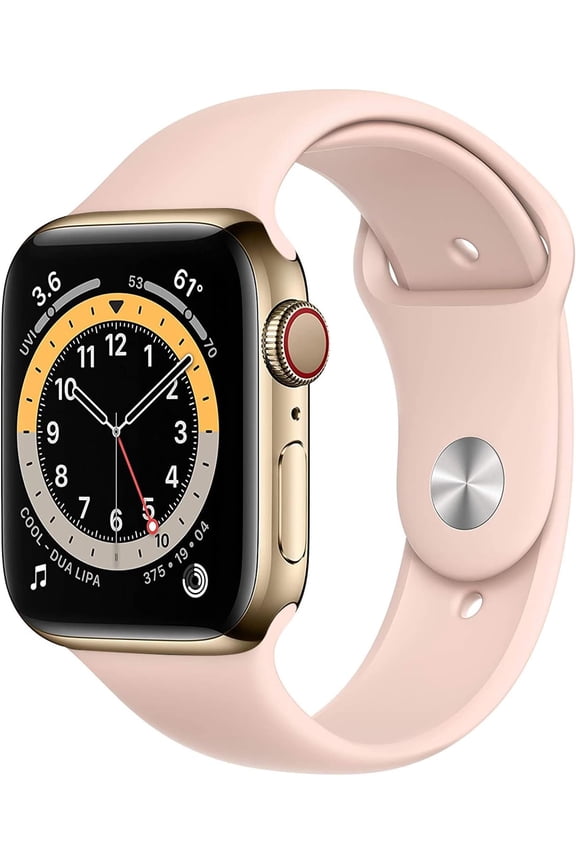 Restored Apple Watch Series 6 (GPS + Cellular) 44mm Gold Stainless Steel Case with Pink Sport Band, 10 h Battery Life, 1 Each