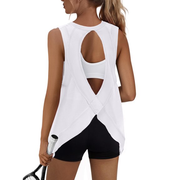 Dweltoz Workout Tank Tops for Women Cross Backless Sleeveless Loose Fit Athletic Tops Athletic Yoga Gym Running Shirts,White XL