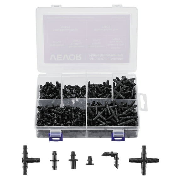VEVOR Drip Irrigation Fittings Kit for 1/4" Tubing, 300 Pcs Drip Irrigation System Parts, Tees, Straight Barb, 4 Way Coupling, Elbows, End Plug, Single Barbs, Barbed Connectors for Yard Garden Lawn
