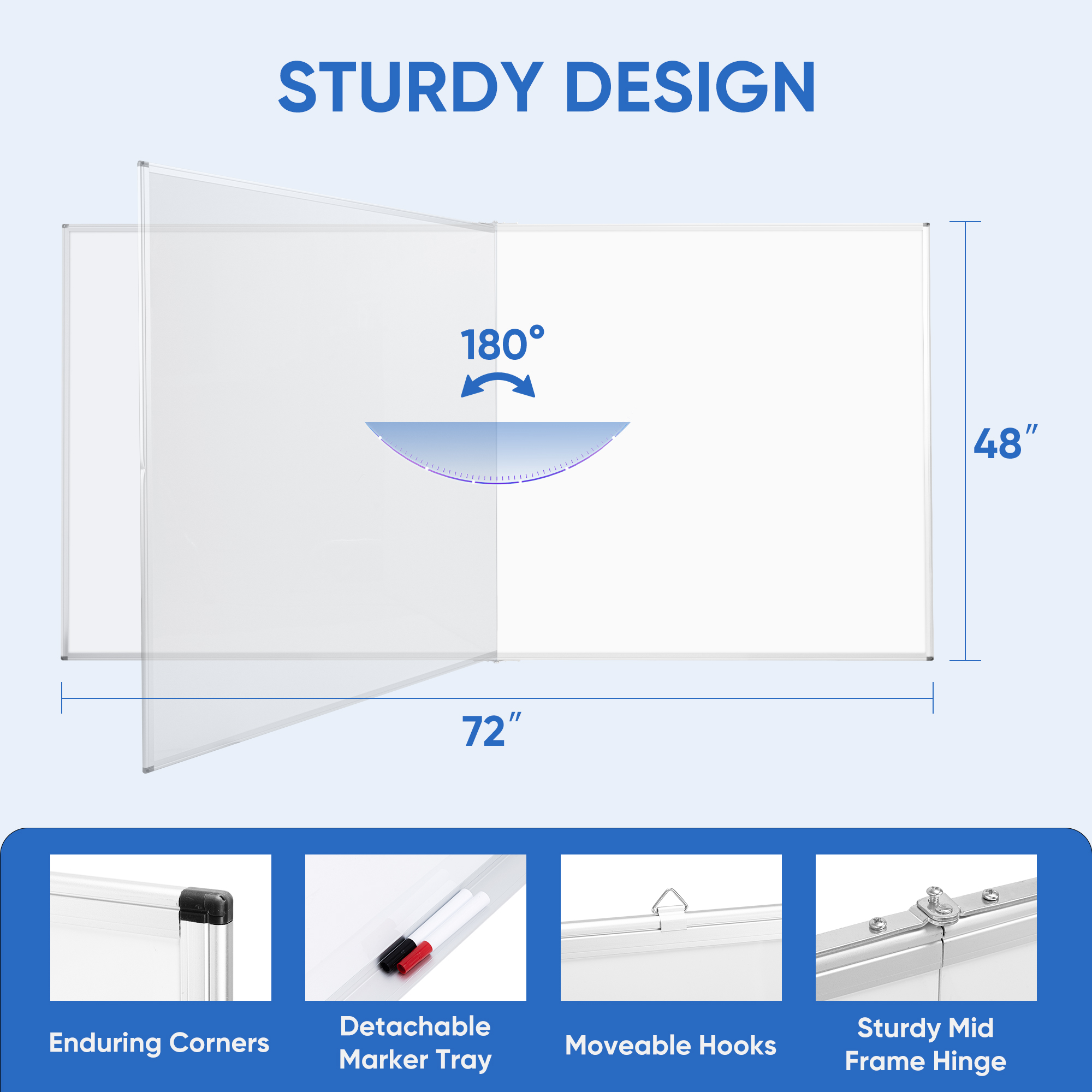 VUSIGN Foldable Double-Sided Writable Board, 72" x 48" Large Dry Erase Magnetic Whiteboard, 7'x4'Wall Mount for Classroom