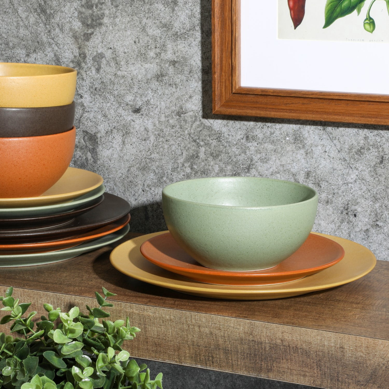 Gibson Elite Capetown Assorted Color Reactive Glaze Round Stoneware Dinnerware, Black, Yellow, Orange, Green