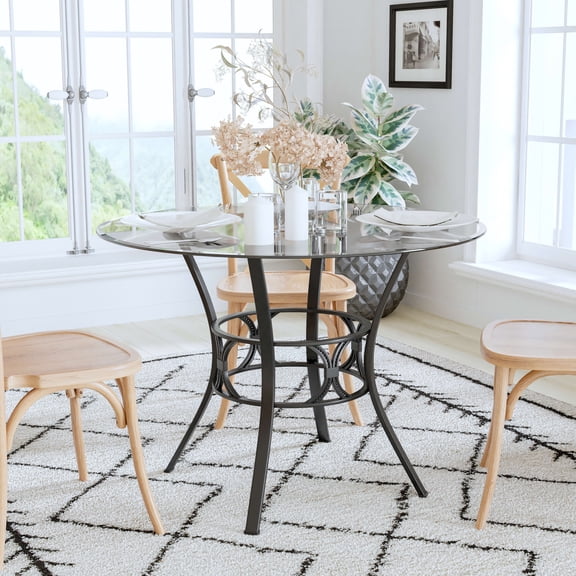 Emma   Oliver 42'' Round Glass Dining Table with Black Metal Frame