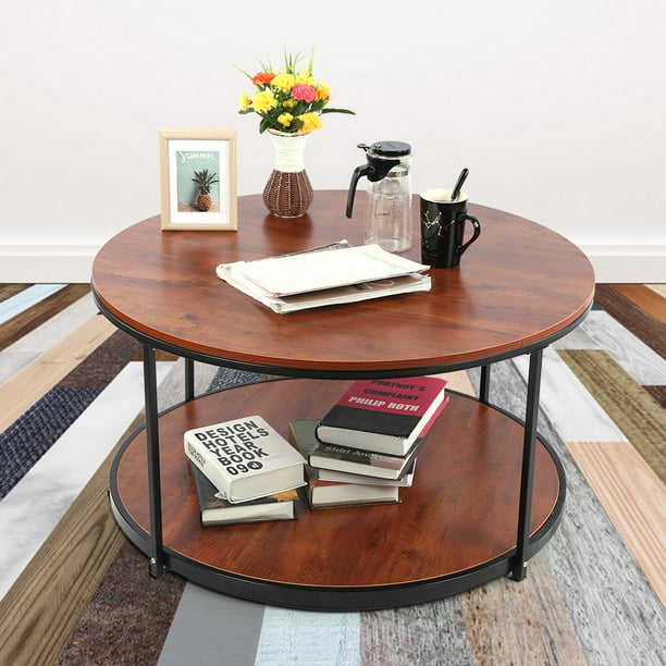 Otviap Round Coffee Table Rustic Vintage Industrial Design Furniture Sy Metal Frame Legs Sofa Tail With Storage Open Shelf For Living Room Easy Assembly Light Brown Com Otviap Round Coffee Table Rustic, Vintage Round Coffee Table With Drawers