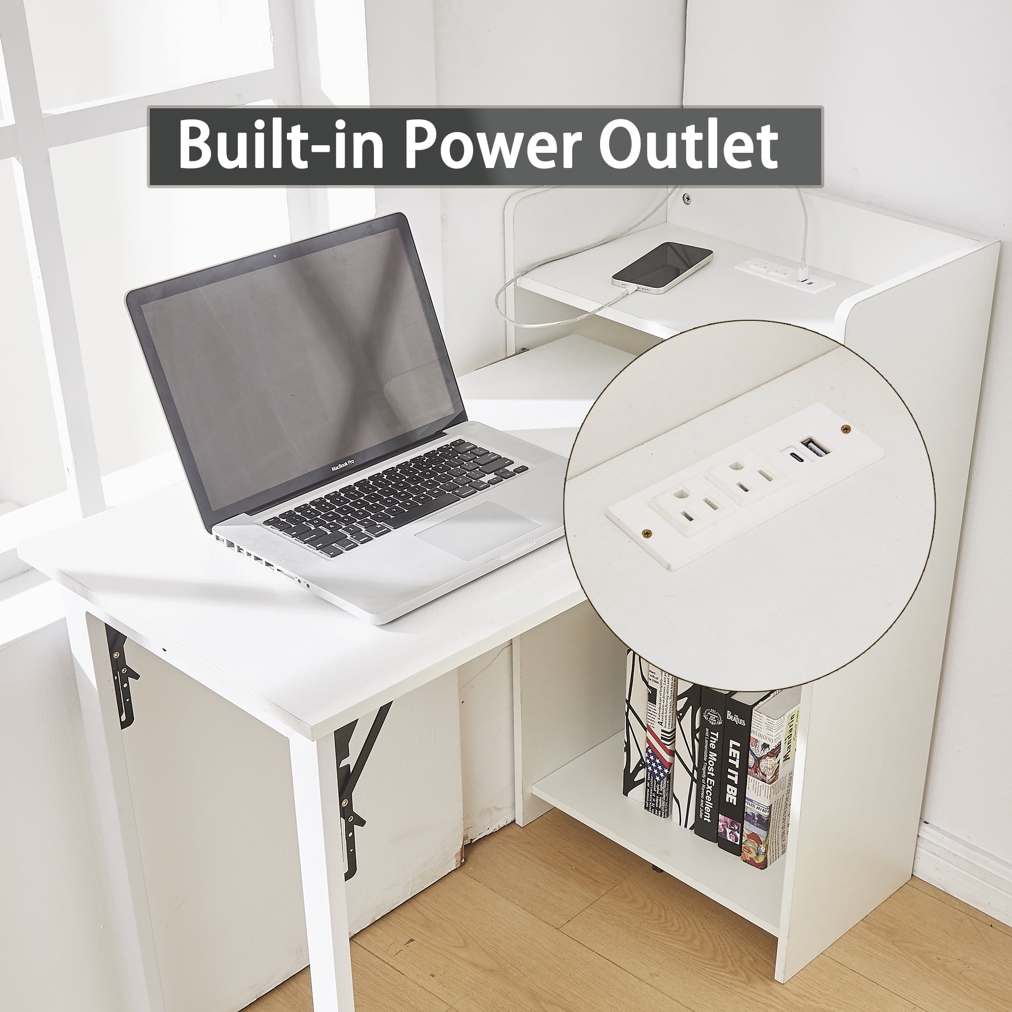 Haooyeah 37" Foldable Storage Desk with Charging Station, Space-Saving Desk with Raised Surface, Multi-functional Desk for Home Office, Bedroom, and Small Spaces