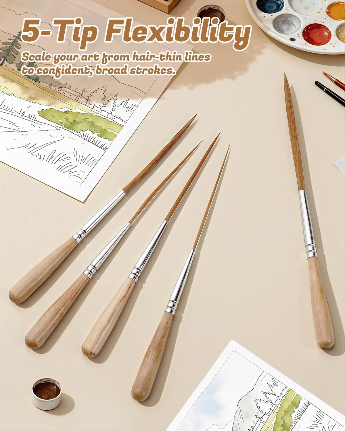 ABPETE Professional Long Liner Brush Set,Extra Fine Detail Brushes for Watercolor, Acrylic, Oil & Ink, Precision Script Liners for Lettering & Scrollwork(5pcs)