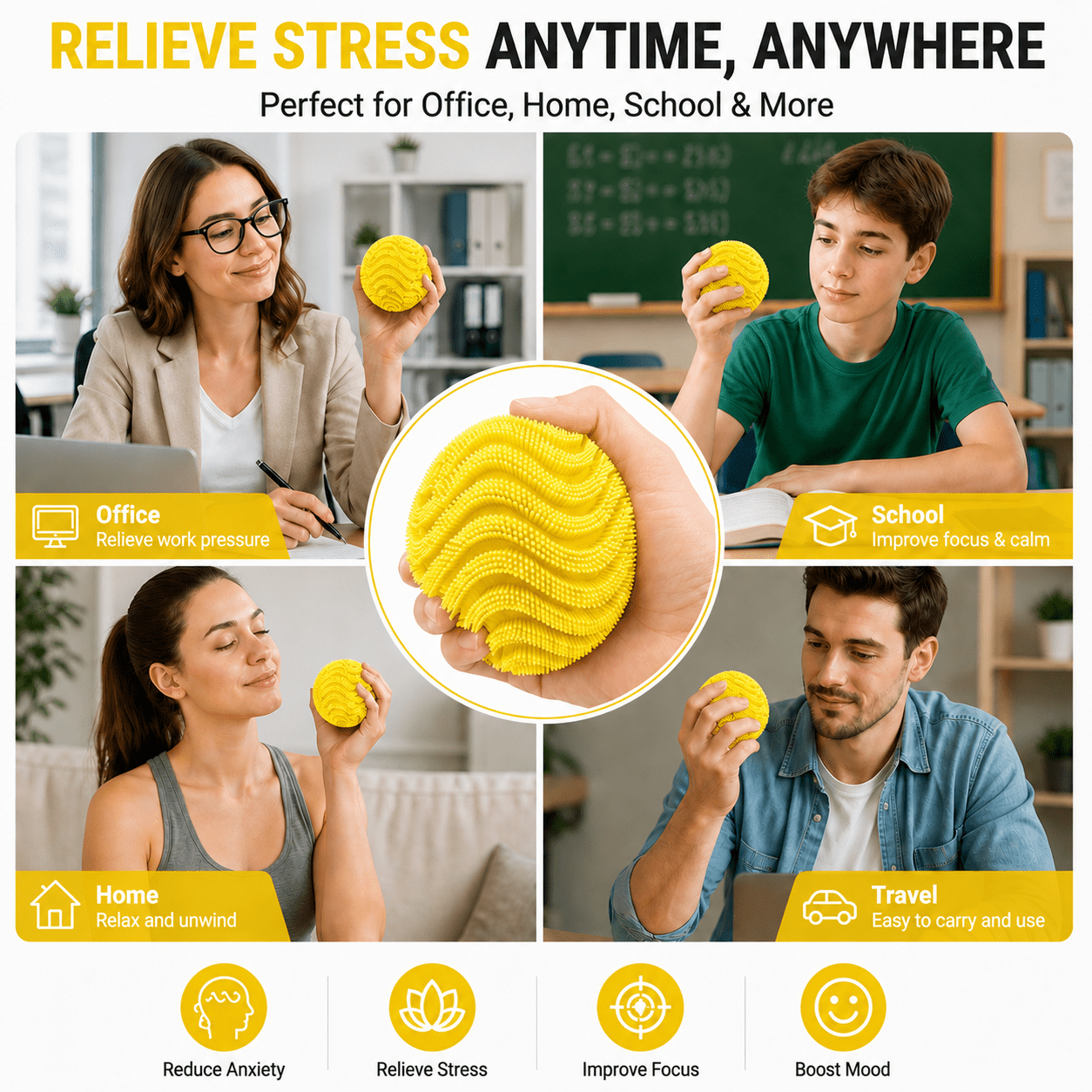 Silicone Stress Ball, Textured Squeeze Ball, Soft Elastic Hand Grip Ball for Desk, Office, Home, Travel and Everyday Focus