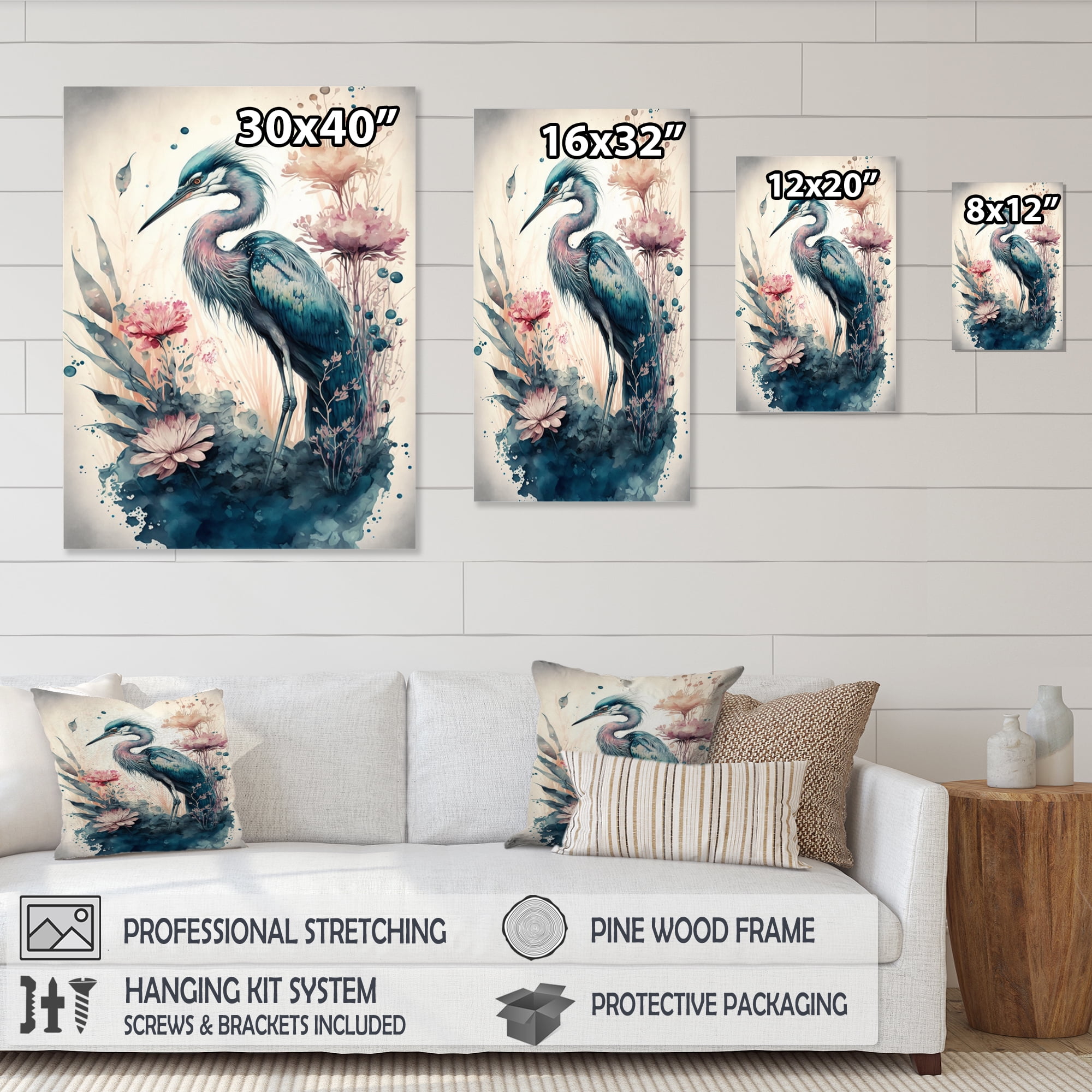 Designart Cute Heron Floral Art VI Canvas Wall Art